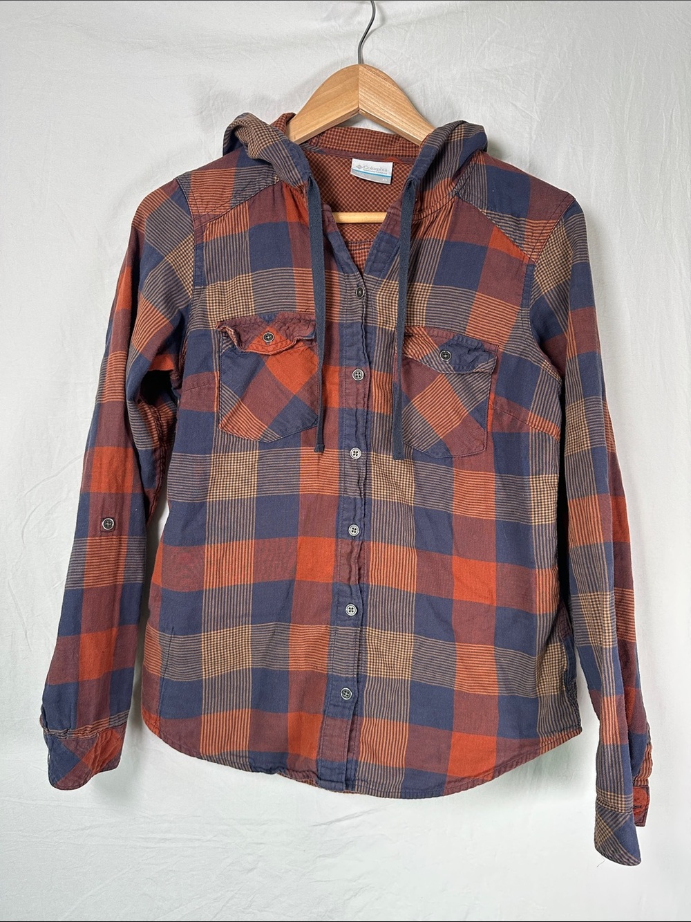 Plaid Hooded Button-Front Jacket - Rust & Navy - Picture 1 of 3